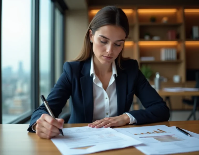 Femme professionnelle analysant un business plan sur son bureau dans un bureau moderne avec vue urbaine