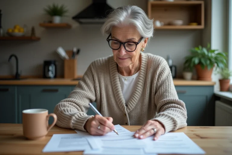 Femme lisant des documents de prestations sociales