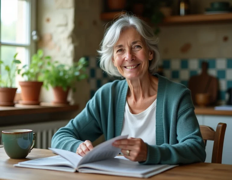 Femme senior souriante lisant un magazine à une table de cuisine en bois dans une maison de campagne française, illustrant le bien-être à la retraite