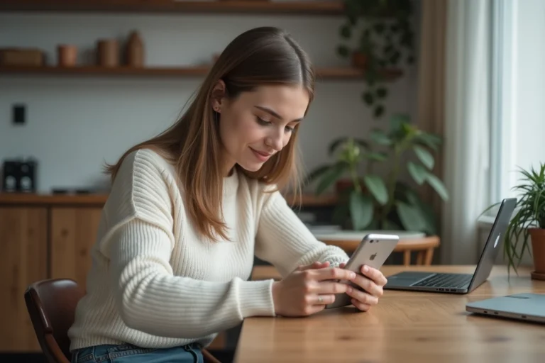 Jeune femme utilisant son smartphone dans un intérieur moderne