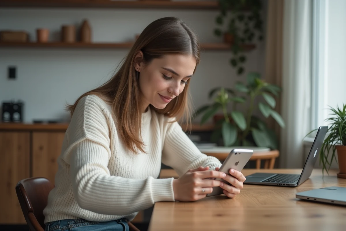 Jeune femme utilisant son smartphone dans un intérieur moderne