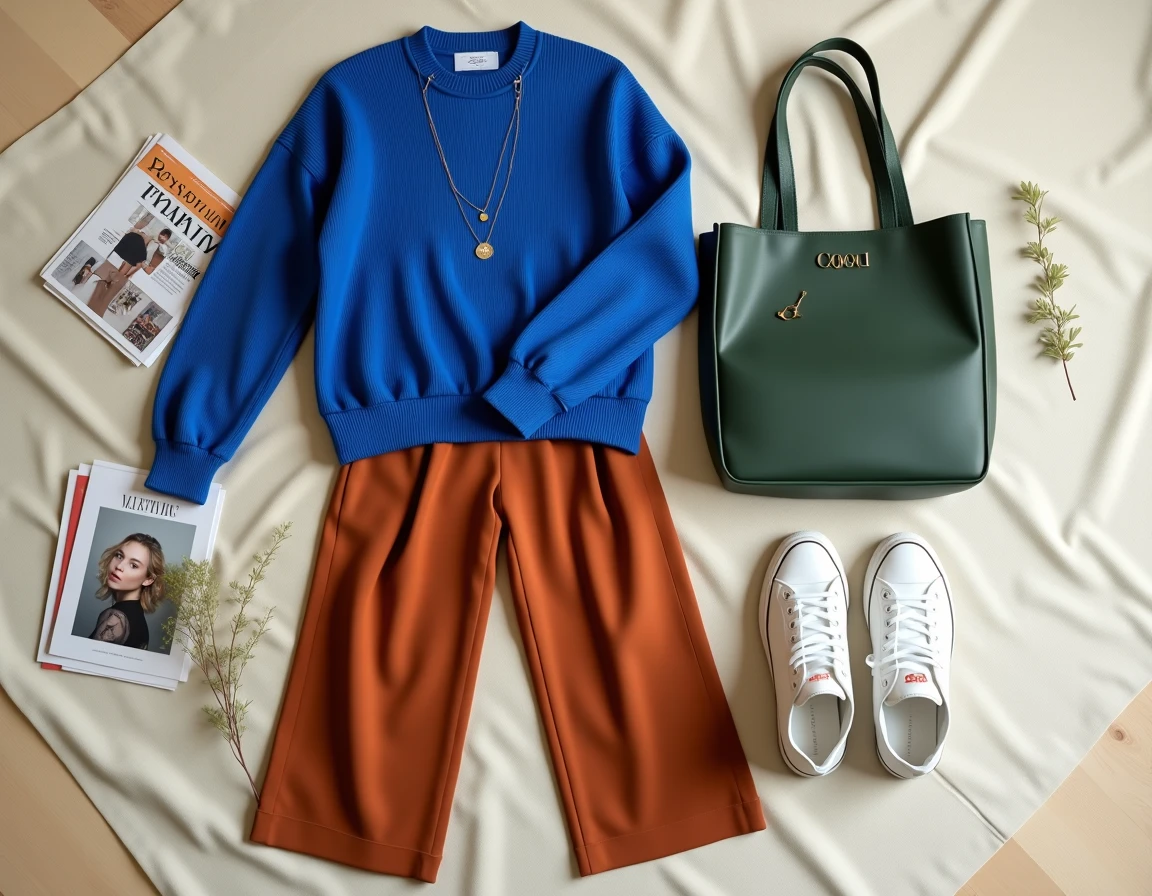 Flat lay mode avec trois couleurs vives assorties — bleu roi, orange rouille et vert forêt