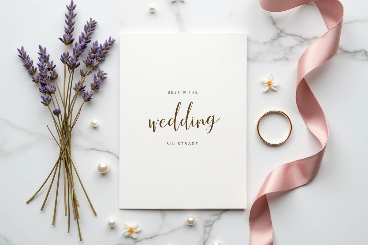 Flat lay élégant de papeterie mariage avec invitations en papier coton, ruban rose poudré, épingle perle et alliance dorée sur marbre blanc, tendances mariage 2024