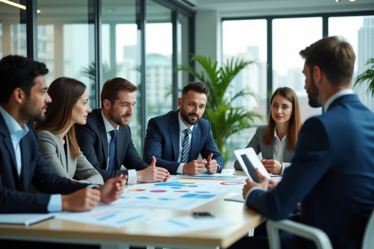 Groupe de professionnels en réunion dans un bureau moderne
