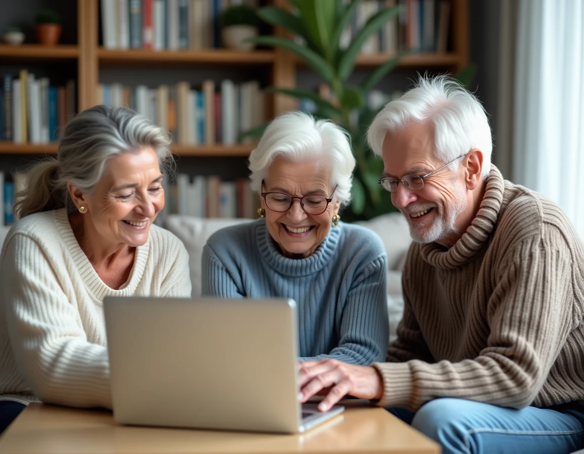 Groupe de seniors réunis autour d'un ordinateur portable dans un salon, découvrant ensemble des ressources numériques pour bien vivre leur retraite