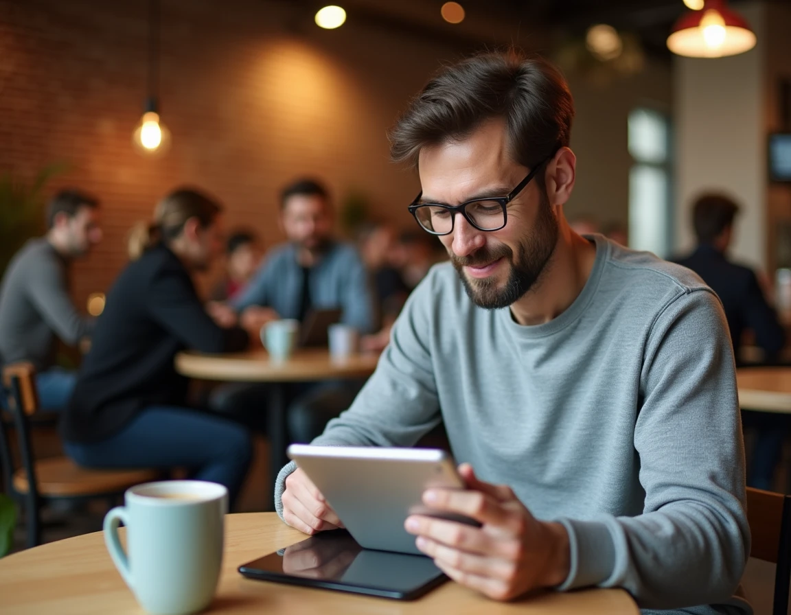 Homme en pull gris consultant une application d'annuaire pour enfants sur tablette dans un café moderne