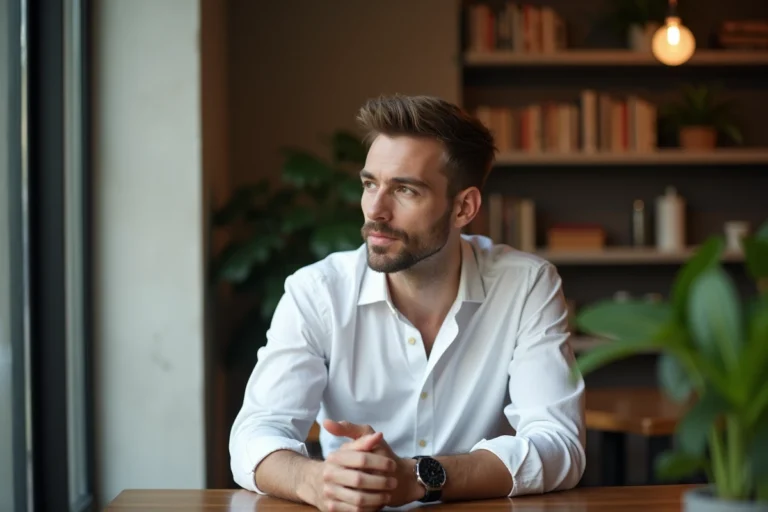 Homme en chemise blanche regardant par la fenêtre d'un café