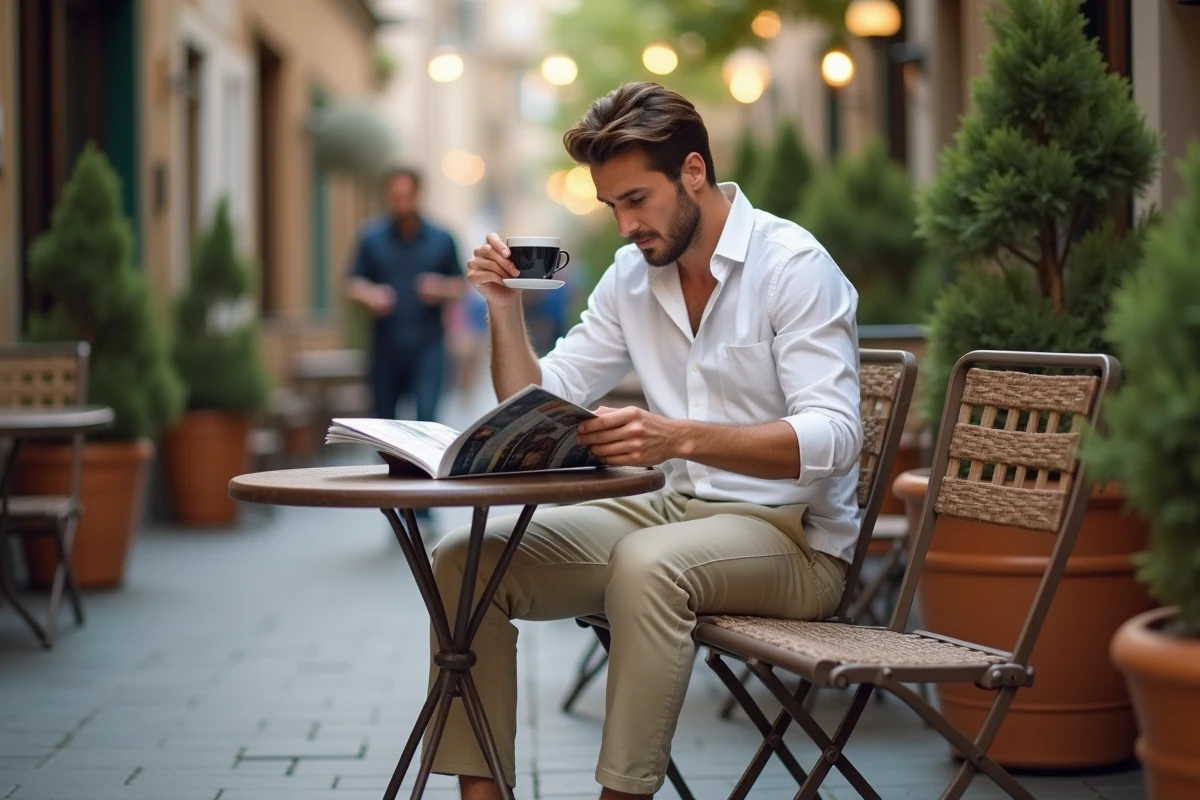 Homme en tenue minimaliste buvant un café en terrasse
