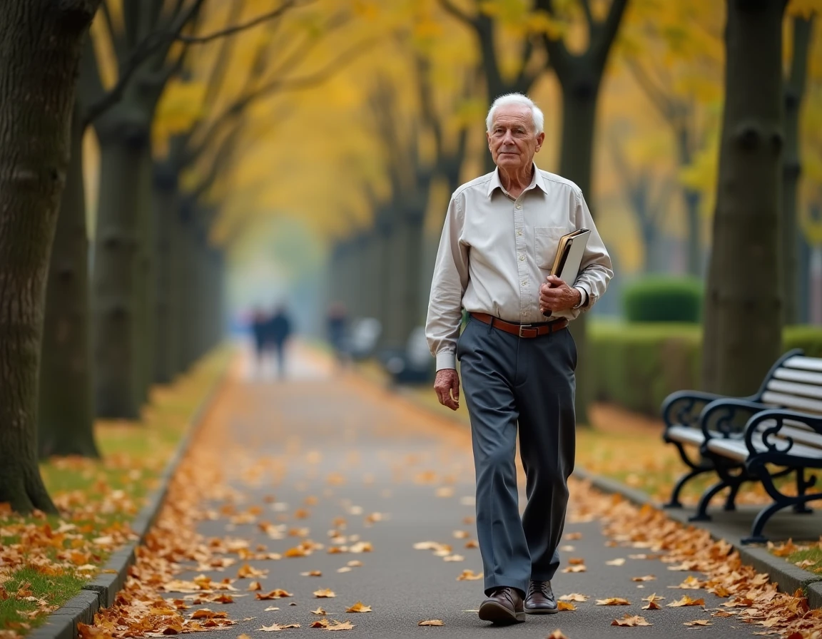Homme senior en promenade dans un parc en automne tenant un carnet, symbolisant une retraite active et épanouie