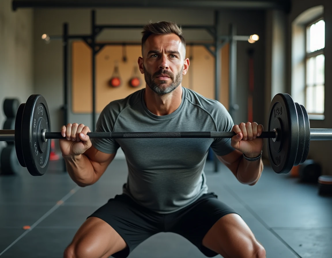 Homme en plein entraînement de force dans une salle de sport fonctionnelle, conseils pour améliorer ses performances sportives