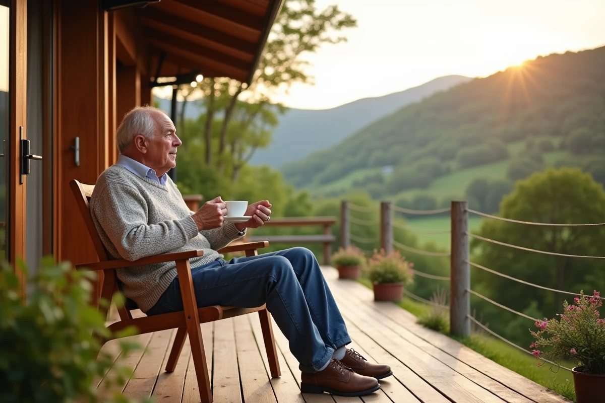 Homme âgé dégustant une tasse de thé sur une terrasse en pleine nature