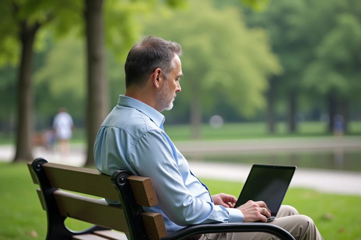 Homme travaillant sur un ordinateur dans un parc
