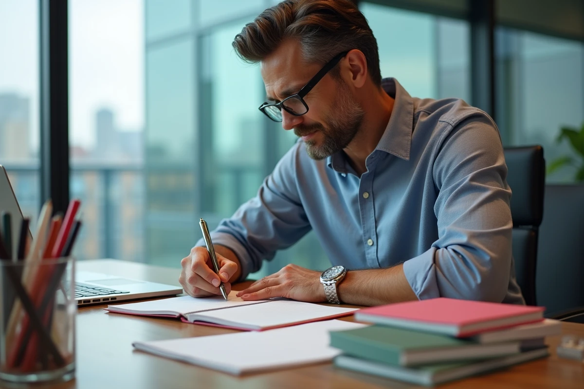 Homme en tenue décontractée écrivant sur un carnet en ville