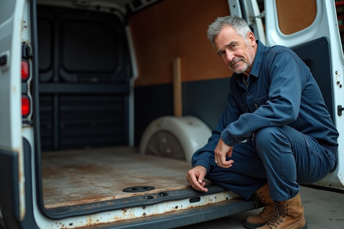 Mécanicien inspectant le plancher de chargement d'un utilitaire d'occasion dans un garage indépendant avant achat