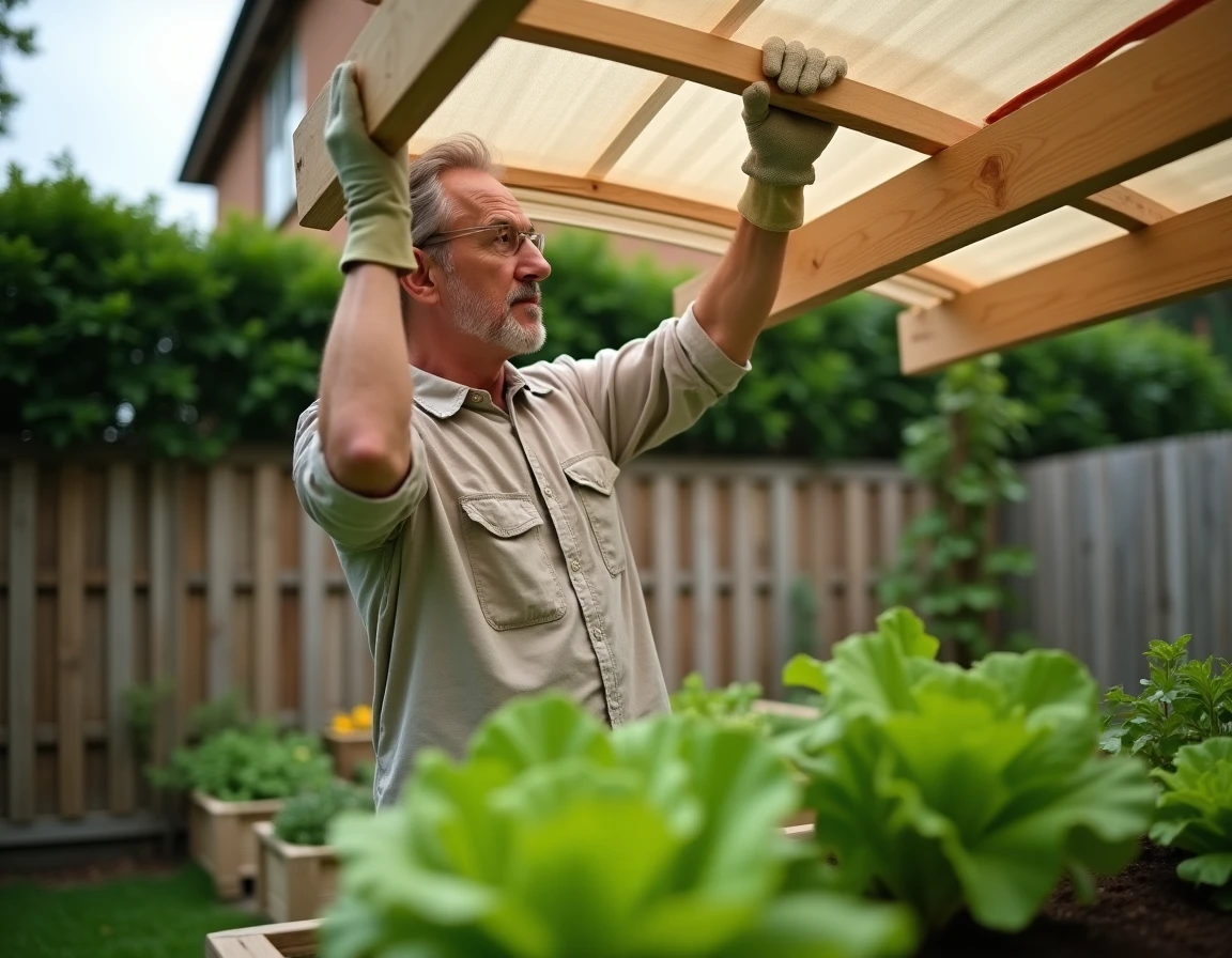 Homme installant une claie d'ombrage en bois au-dessus d'un potager surélevé dans un jardin résidentiel