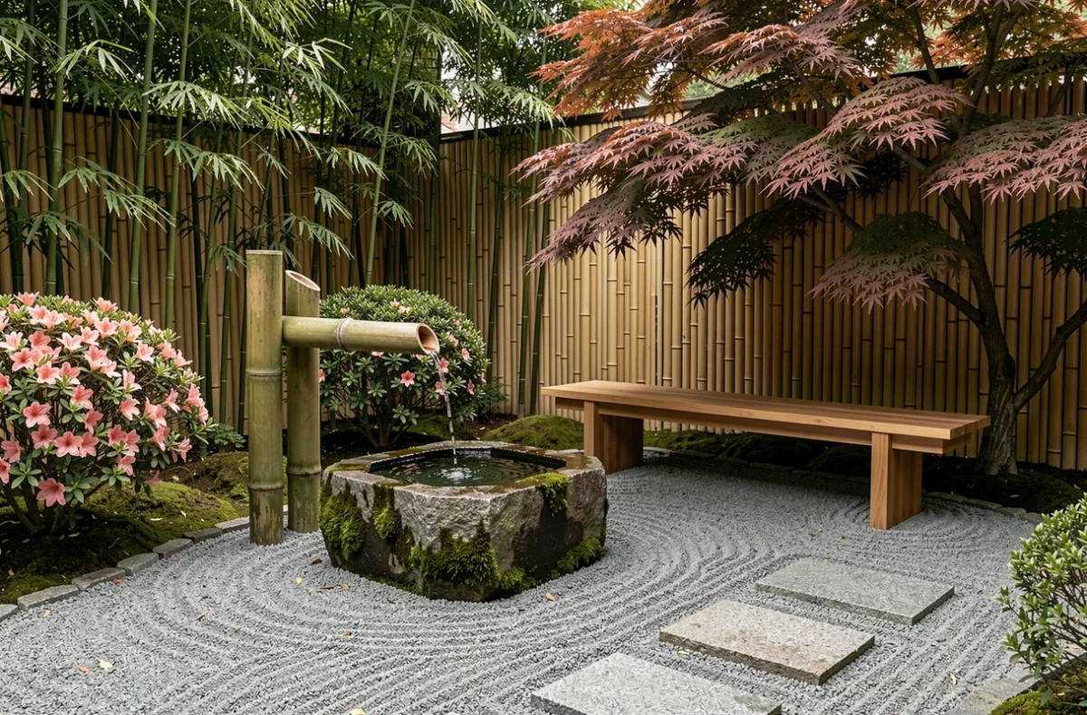 Jardin zen japonais avec fontaine en bambou, gravier ratissé, bassin en pierre moussu et érable japonais aux reflets auburn