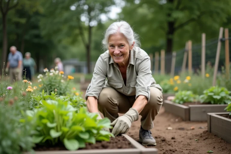 Femme senior en jardinage dans un jardin communautaire