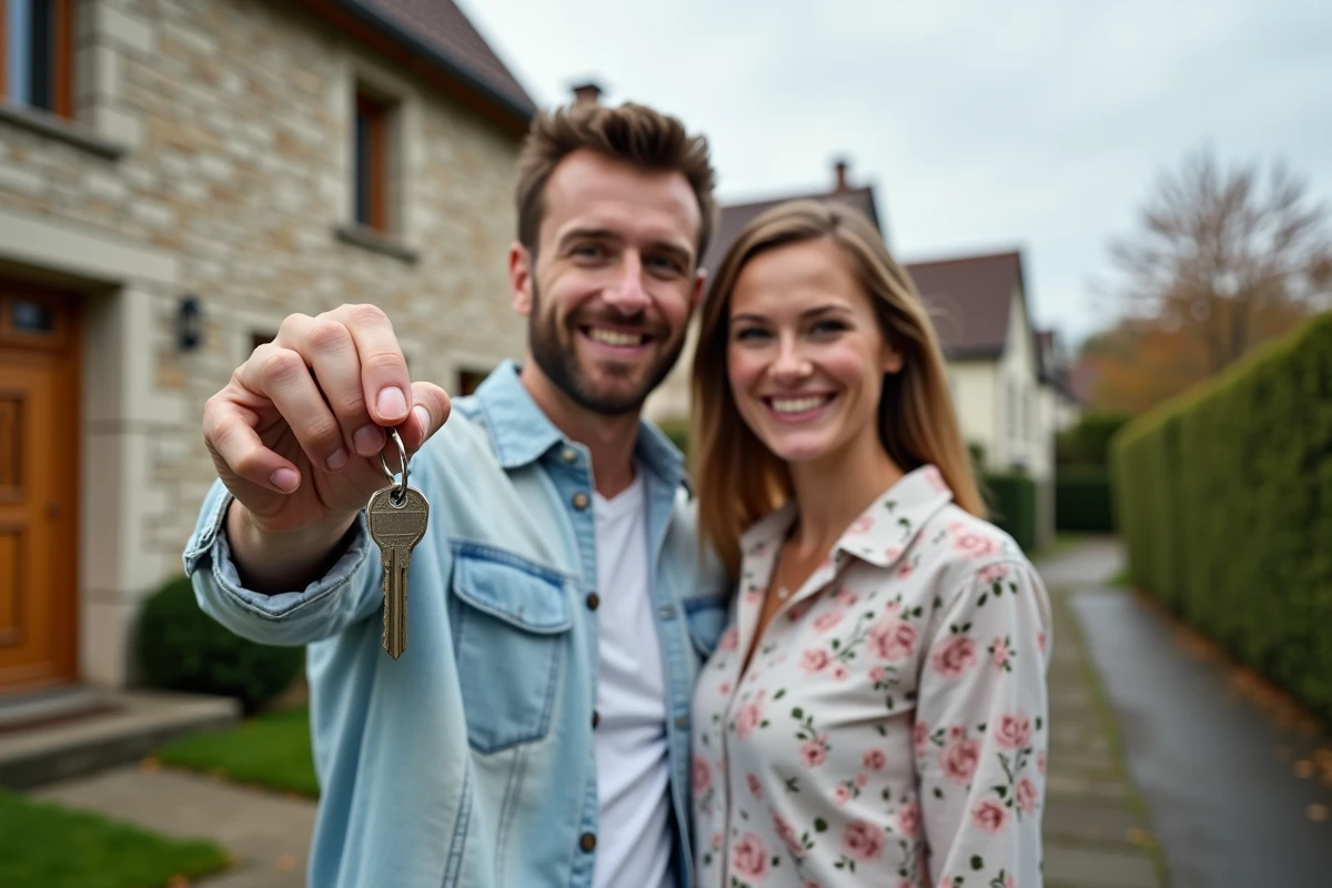 Jeune couple devant leur maison financée grâce au prêt immobilier Modulimmo du Crédit Mutuel