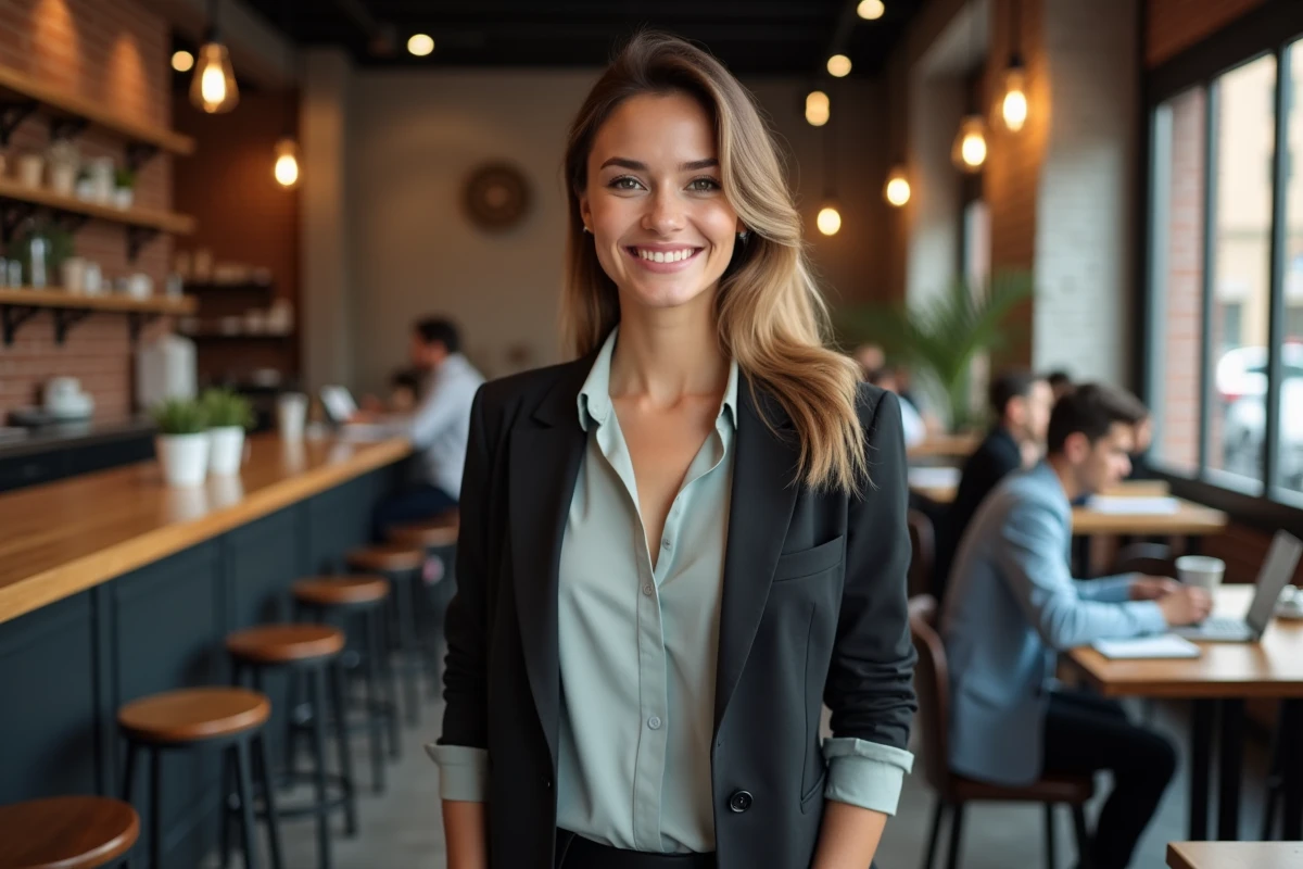 Jeune femme entrepreneure dans un café urbain dynamique