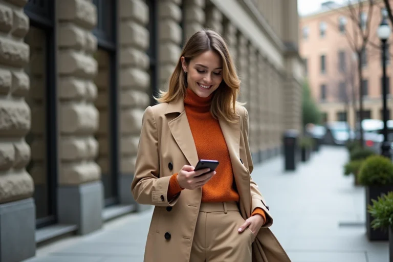 Jeune femme élégante en trench beige dans la ville