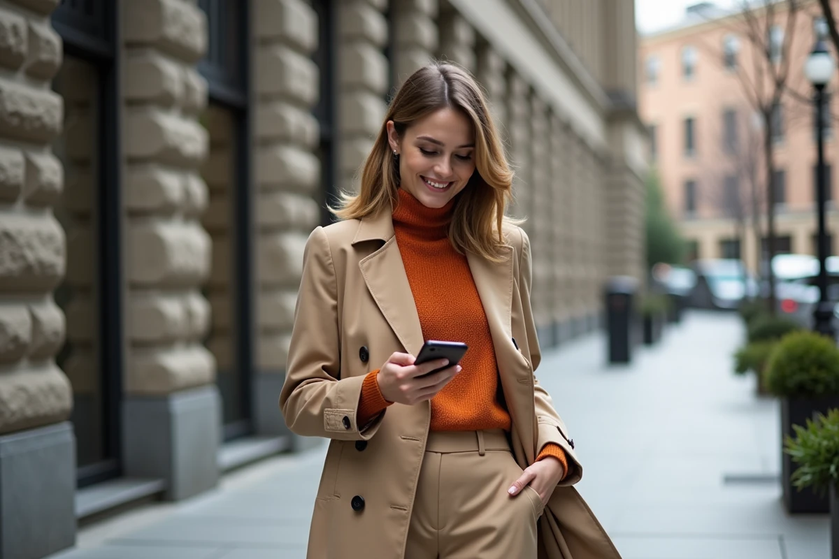 Jeune femme élégante en trench beige dans la ville