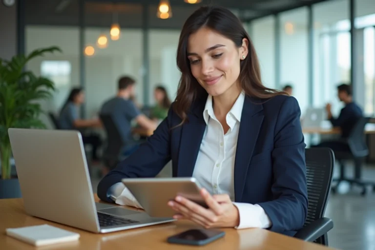 Jeune femme professionnelle utilisant une tablette dans un espace coworking
