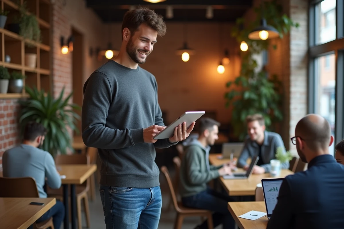 Jeune homme analysant des données dans un café urbain convivial