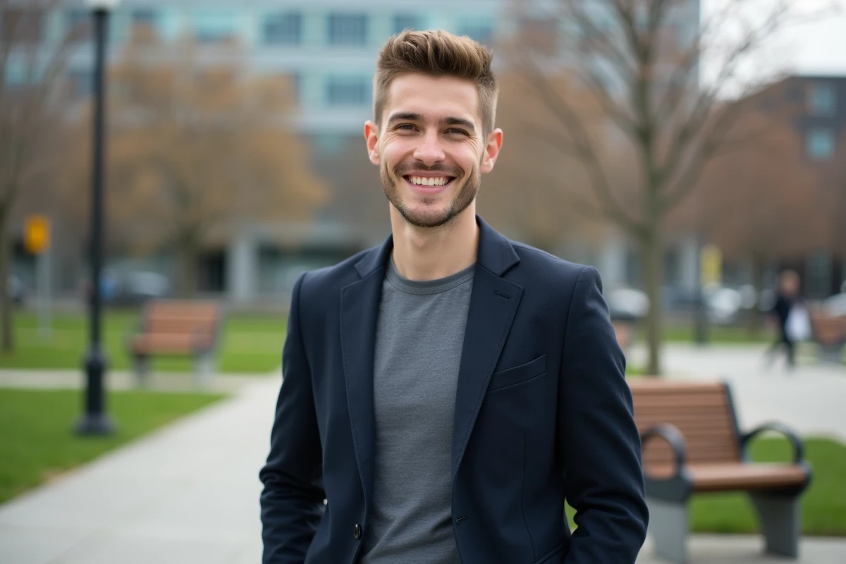 Jeune homme souriant en blazer dans un parc urbain
