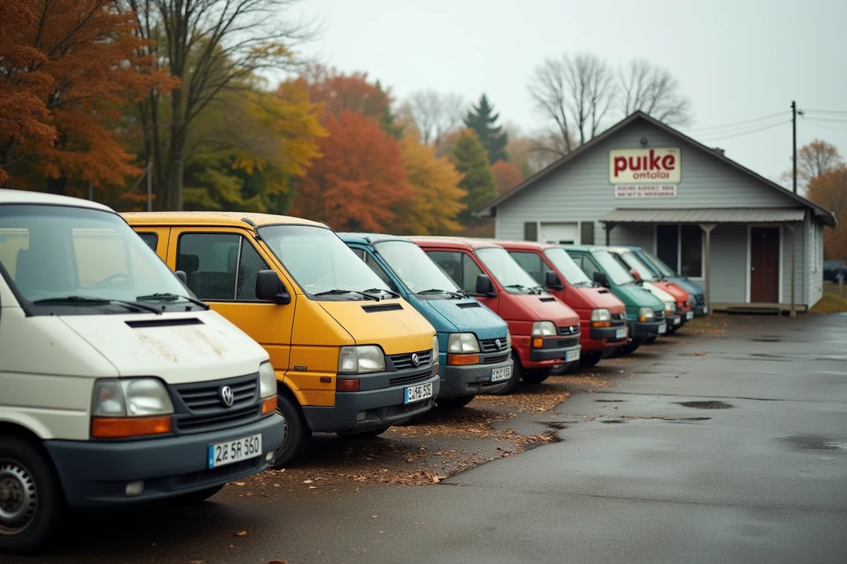 Rangée d'utilitaires d'occasion à vendre dans un lot de concessionnaire avec étiquettes de prix visibles, large choix à petit budget