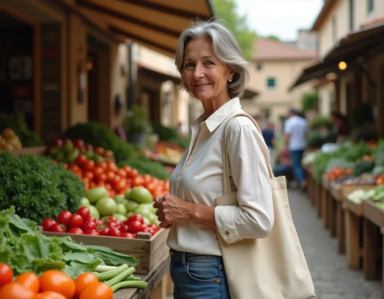 Femme faisant ses courses au marché local d'une commune rurale de la Corrèze, ambiance villageoise authentique
