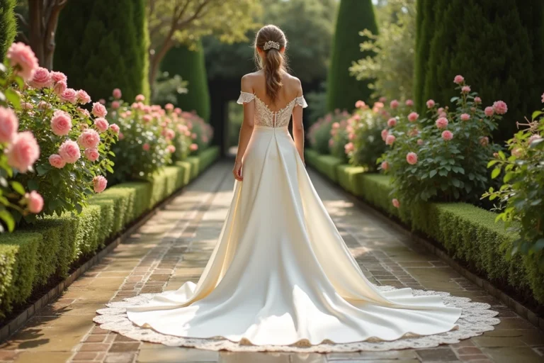 Mariée en robe satin ivoire avec dentelle florale dans un jardin botanique fleuri, tendance mariage 2024
