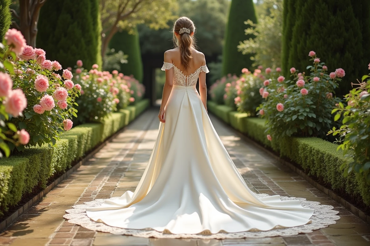Mariée en robe satin ivoire avec dentelle florale dans un jardin botanique fleuri, tendance mariage 2024