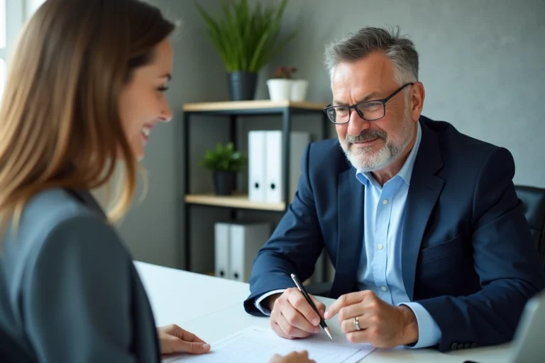 Mentor en blazer bleu remettant un formulaire à une stagiaire souriante