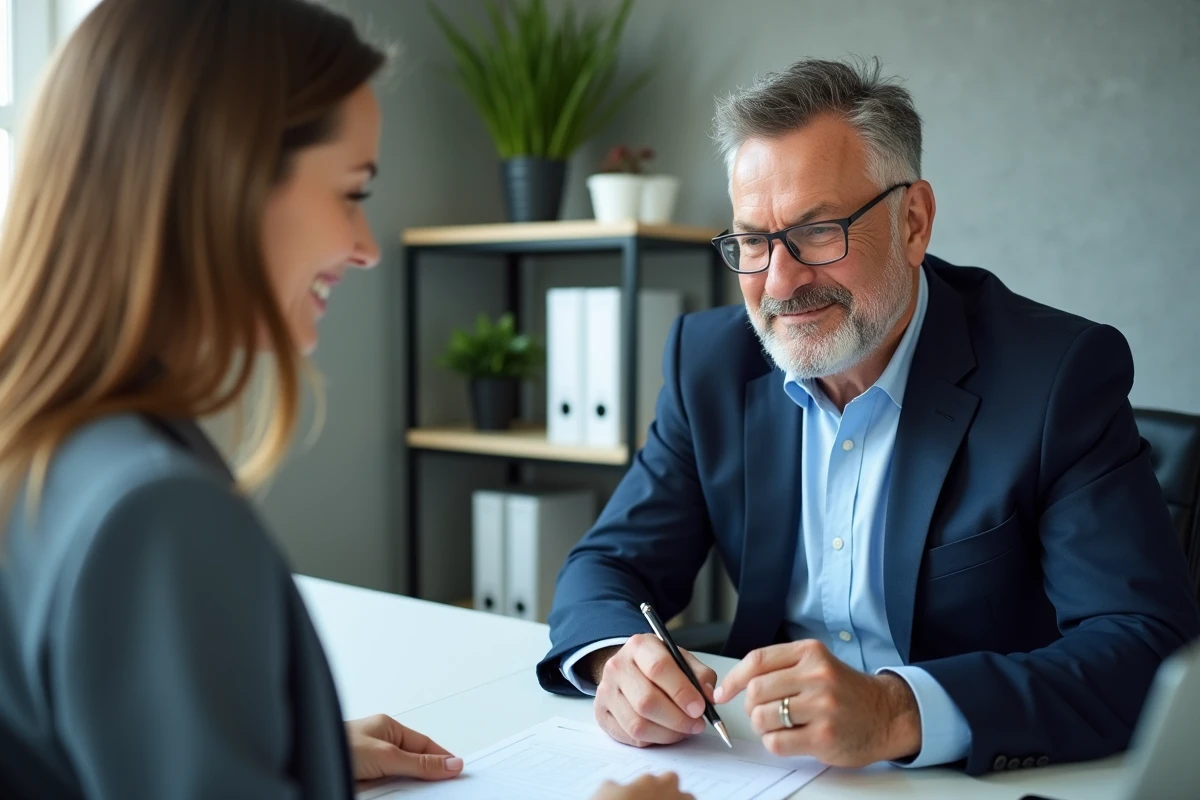Mentor en blazer bleu remettant un formulaire à une stagiaire souriante