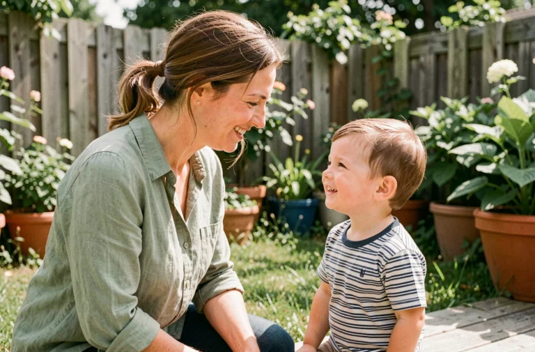 Mère bienveillante à genoux au niveau des yeux de son enfant dans un jardin verdoyant, sourires complices et posture attentionnée illustrant la parentalité positive