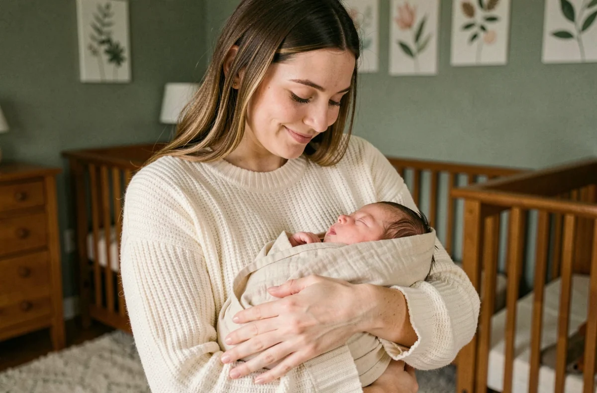 Jeune mère tenant son nouveau-né enveloppé dans une mousseline dans une chambre de bébé cosy aux tons naturels