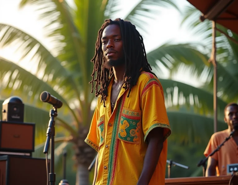 Musicien jamaïcain aux dreadlocks avec une chemise aux couleurs rasta sur une scène en plein air à Kingston