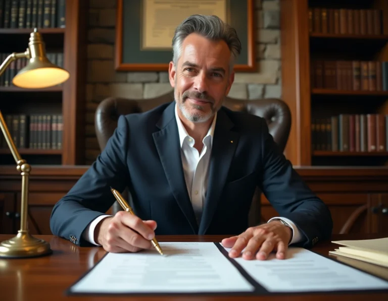 Notaire en costume sombre signé des documents immobiliers dans un bureau traditionnel avec bibliothèque juridique