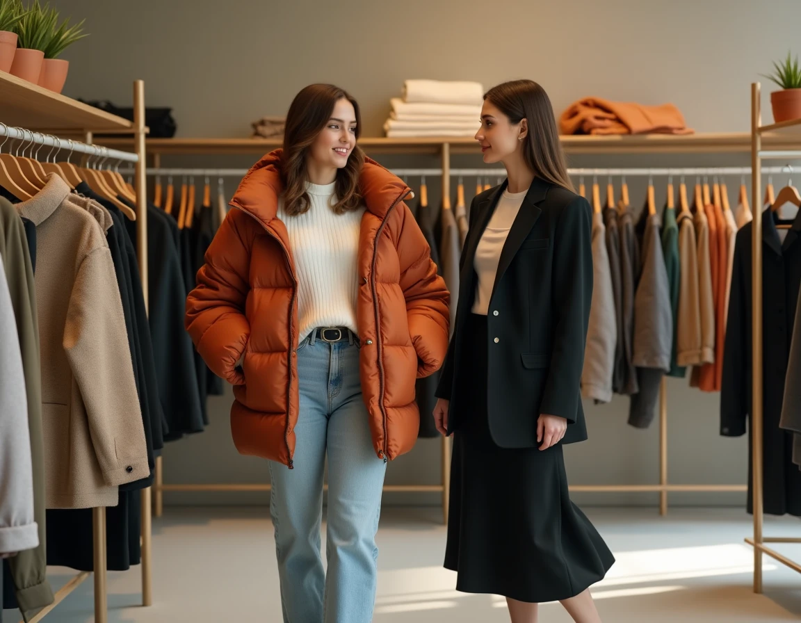 Deux femmes aux styles contrastés explorant les nouvelles collections mode 2024 dans une boutique concept store minimaliste