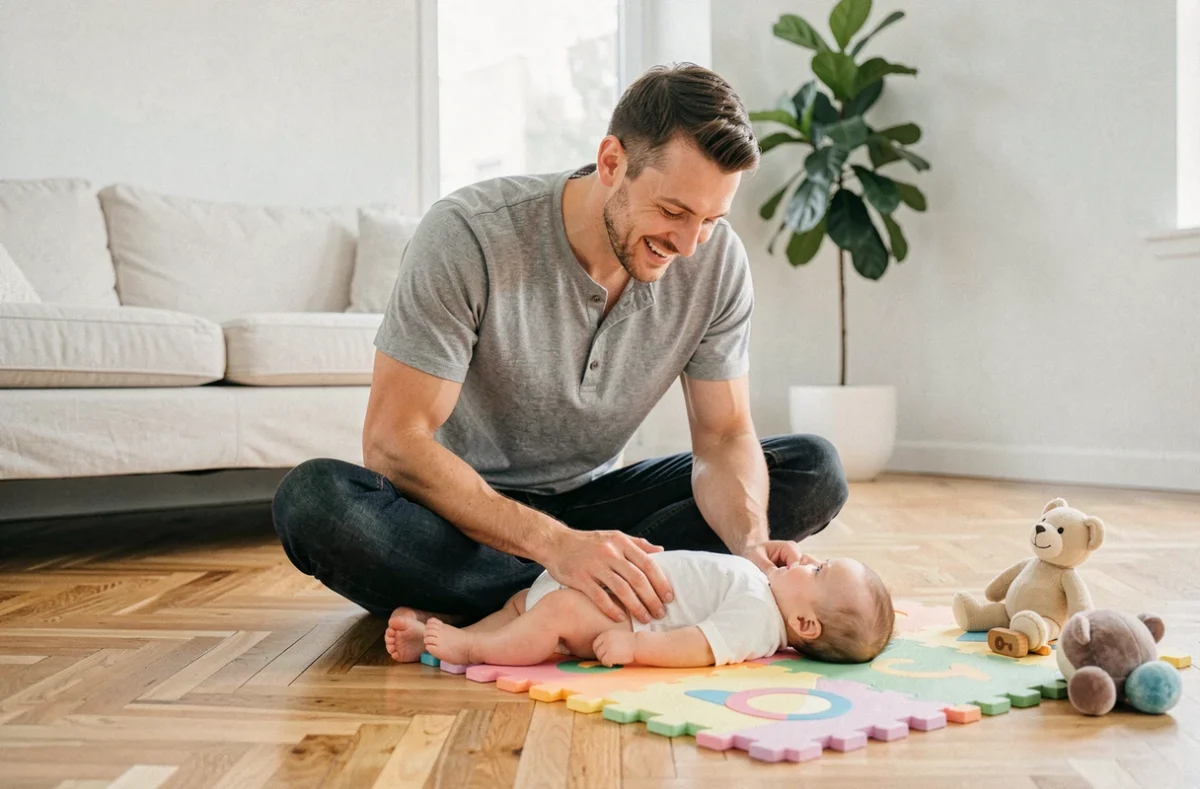 Père jouant avec son bébé de trois mois sur un tapis d'éveil coloré dans un salon moderne et lumineux