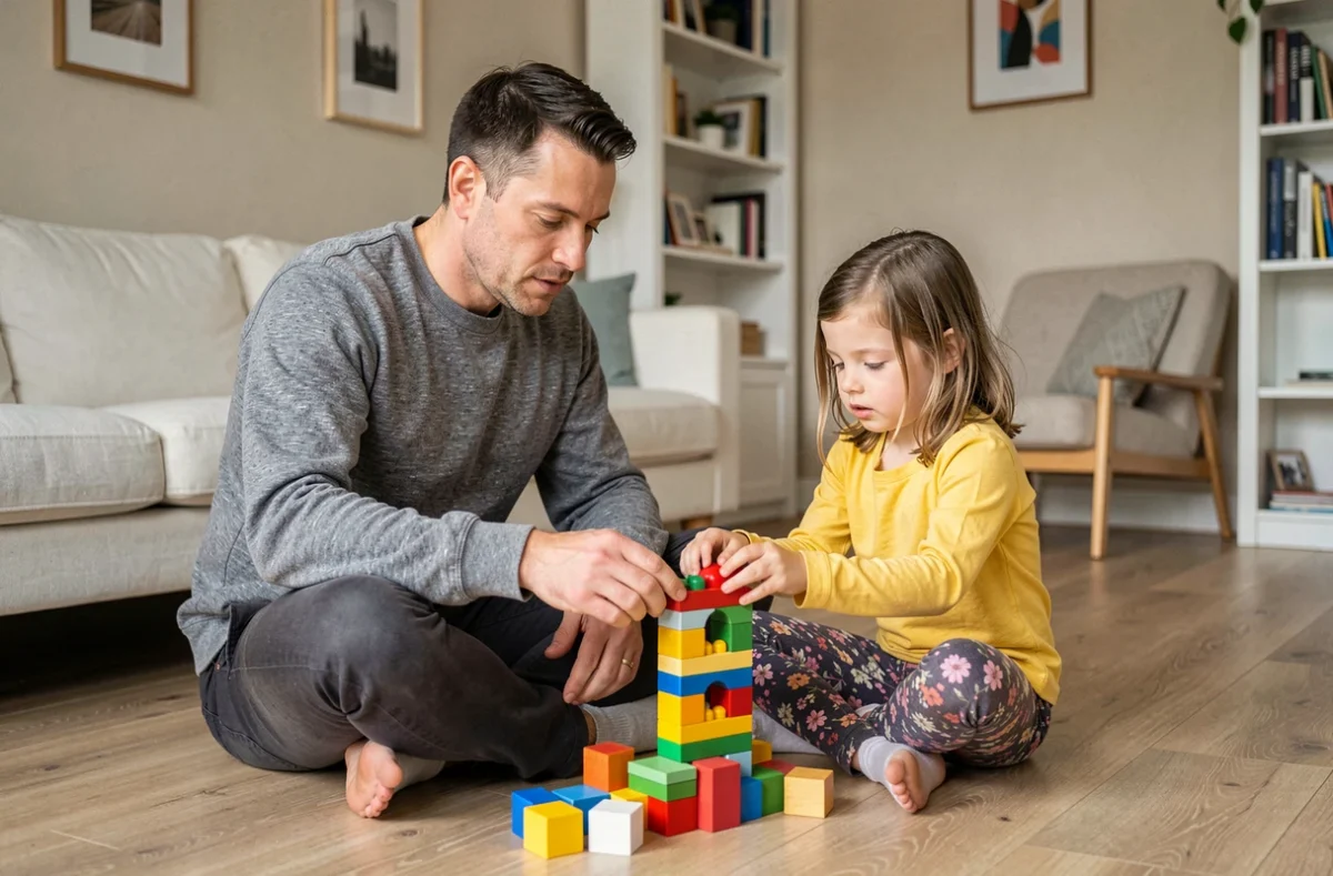 Père et fille assis sur le parquet d'un salon scandinave, construisant ensemble des blocs colorés, scène de parentalité quotidienne bienveillante à la maison