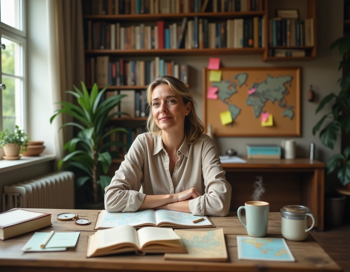 Femme planifiant un voyage sur mesure entourée de cartes et journaux de voyage dans un bureau chaleureux