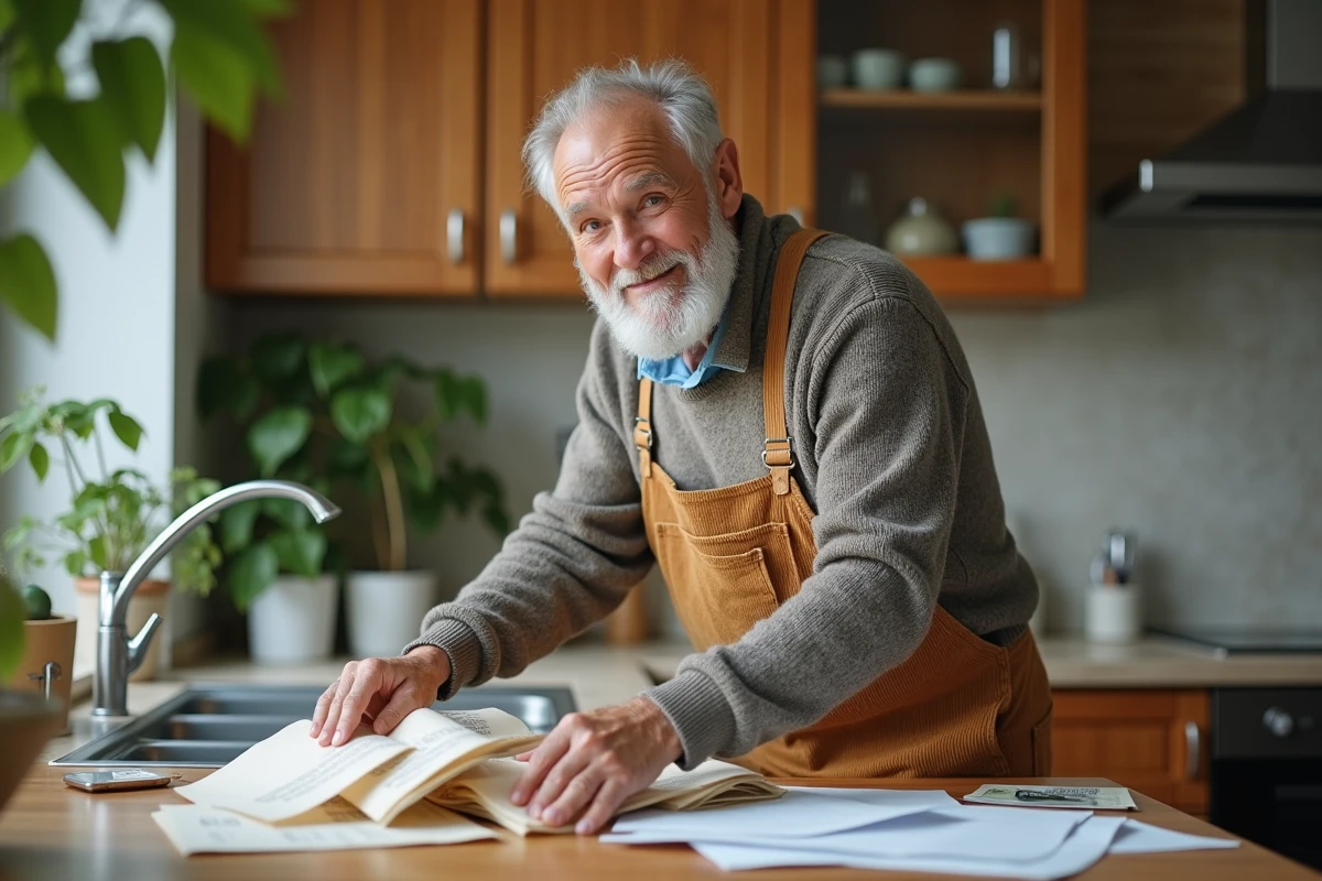 Homme senior triant des déchets dans une cuisine écologique