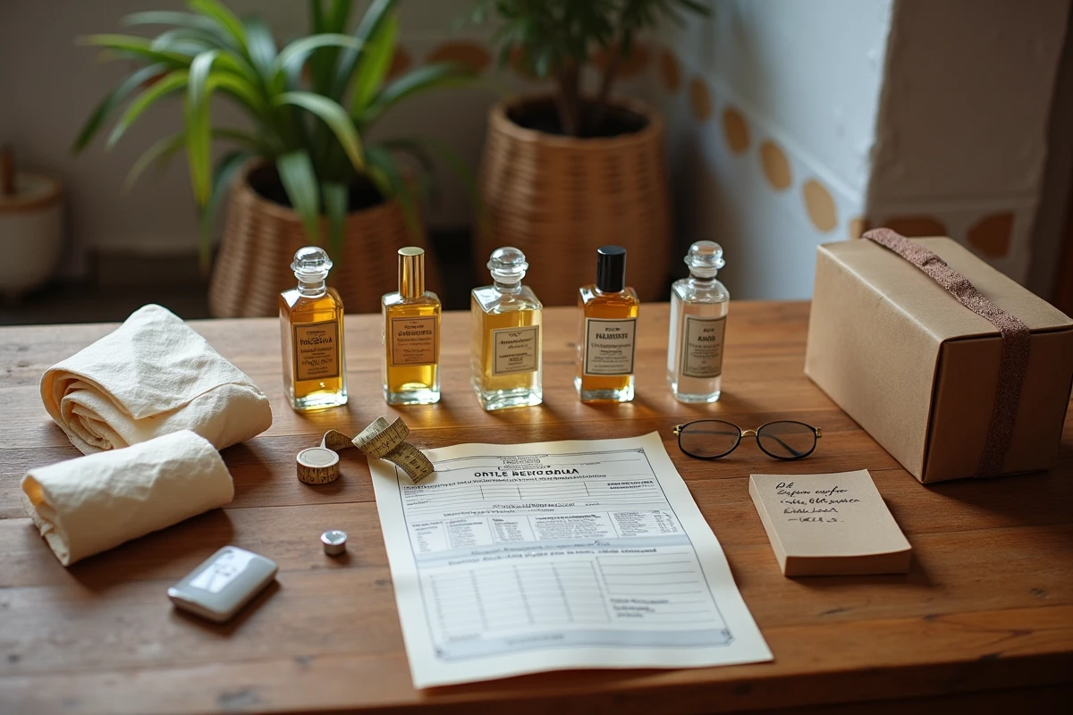 Flacons de parfum espagnols disposés avec une déclaration de douane sur une table en bois