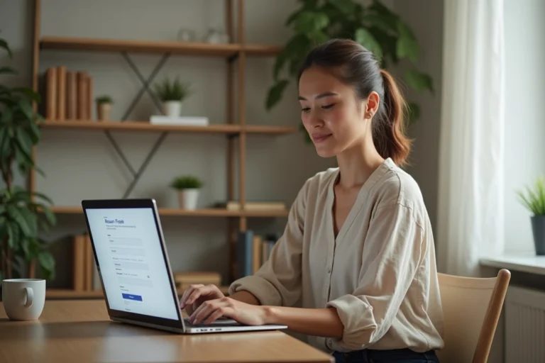 Femme effectuant un retour en ligne sur le site des Galeries Lafayette depuis son bureau à domicile