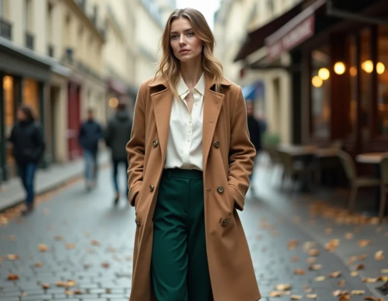 Femme en manteau camel oversize portant un look mode automne-hiver 2024 dans une rue pavée parisienne