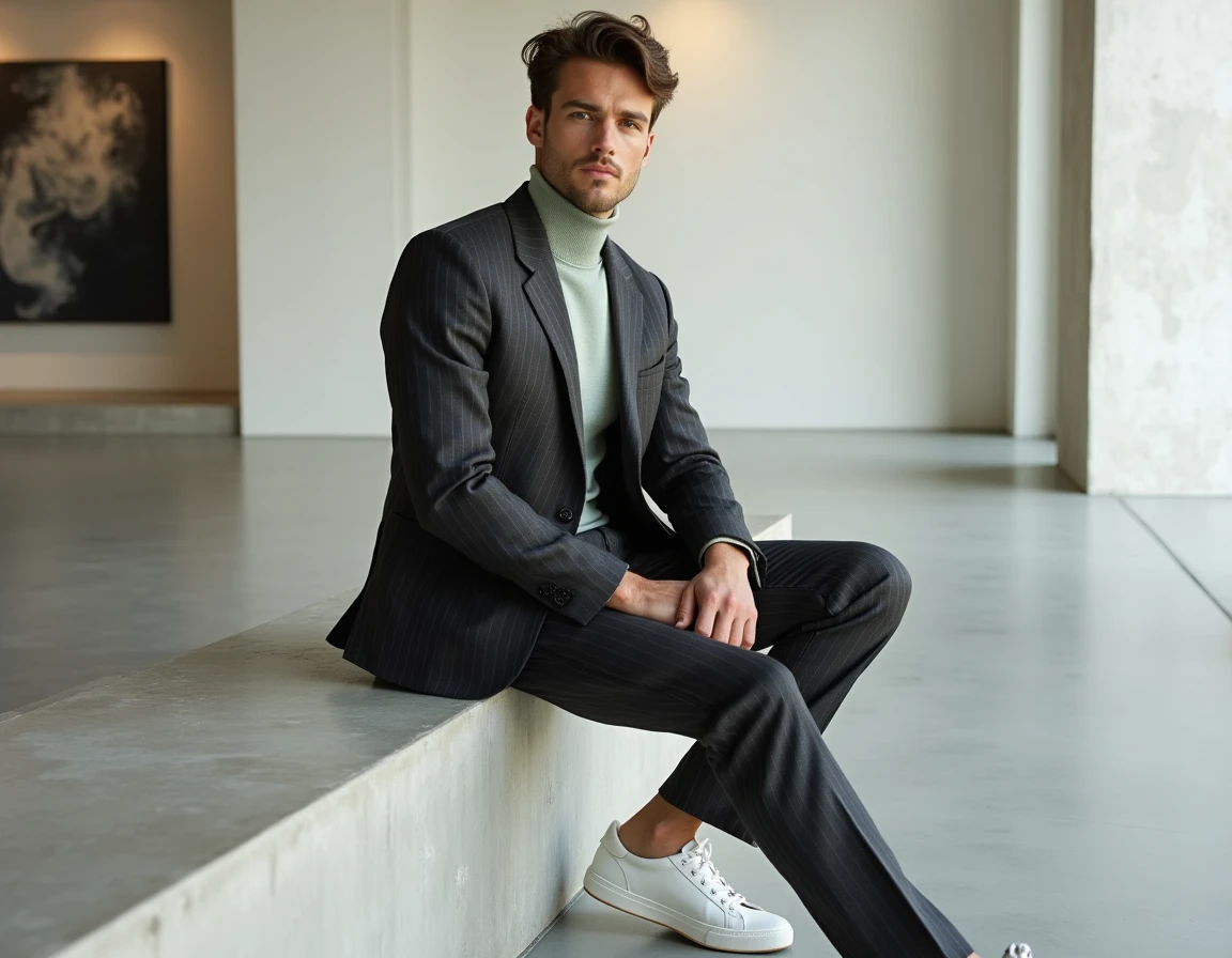 Homme en costume double boutonnage tendance portant un look mode masculine 2024 dans une galerie d'art contemporain