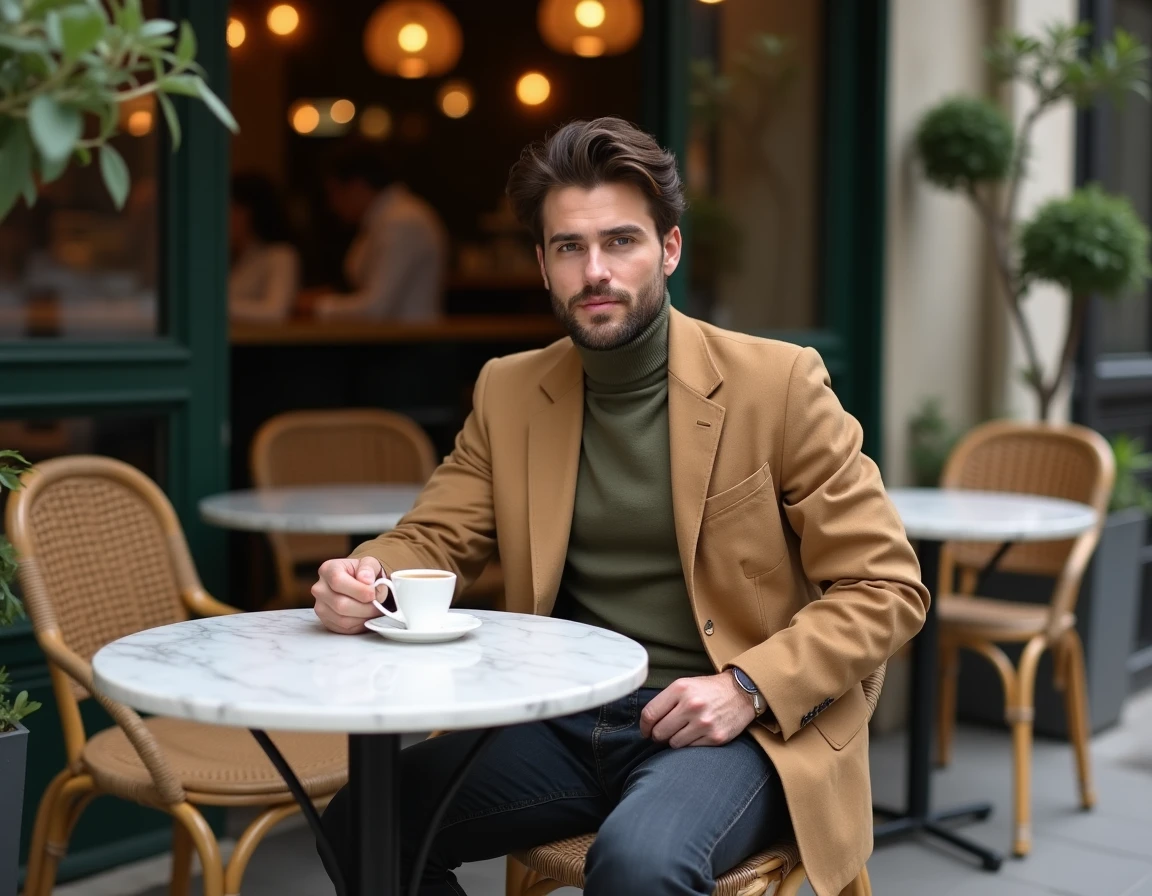 Homme à la mode assis en terrasse de café parisien portant un blazer en lin oversize et col roulé olive, style tendance masculin Paris saison automne