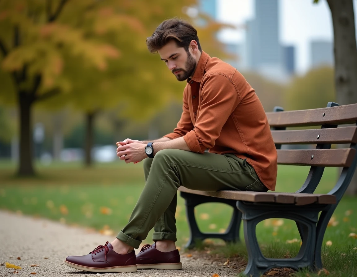 Homme en tenue aux trois couleurs harmonieuses — terracotta, vert olive et bordeaux — dans un parc urbain
