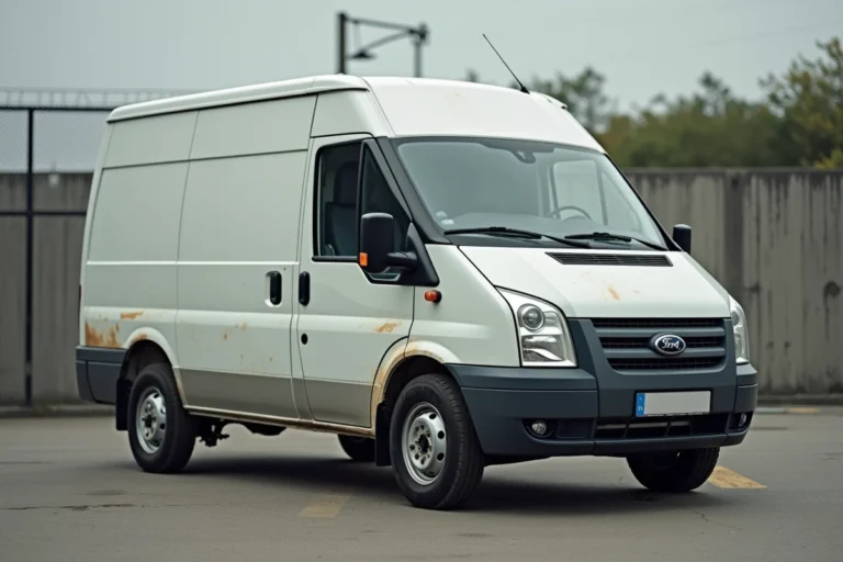 Utilitaire compact d'occasion garé sur un parking industriel, vue 3/4 avant montrant l'état réel de la carrosserie pour un budget moins de 1500 euros